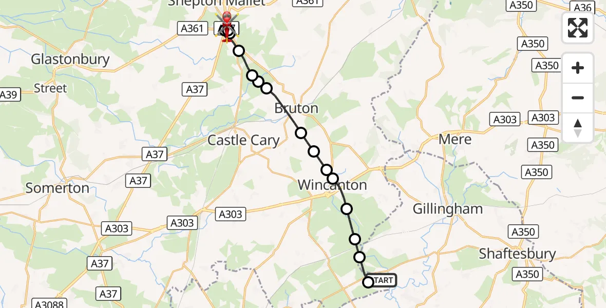 Flight route Air Ambulance Helicopter Henstridge Airfield - Shepton Mallet, 18 August 2026, 08:59