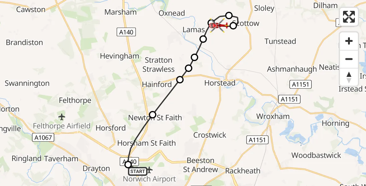 Flight route Air Ambulance Helicopter Norwich Airport - Badersfield, 18 August 2026, 09:01