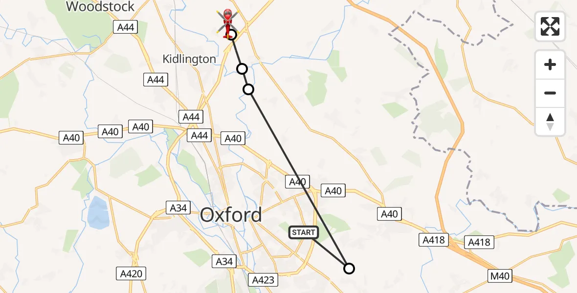 Flight route Air Ambulance Helicopter Oxford - Hampton Poyle, 18 August 2026, 09:03