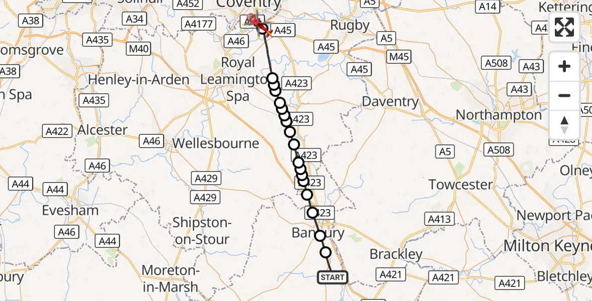 Flight route Air Ambulance Helicopter Adderbury - Coventry Airport, 18 August 2026, 09:09