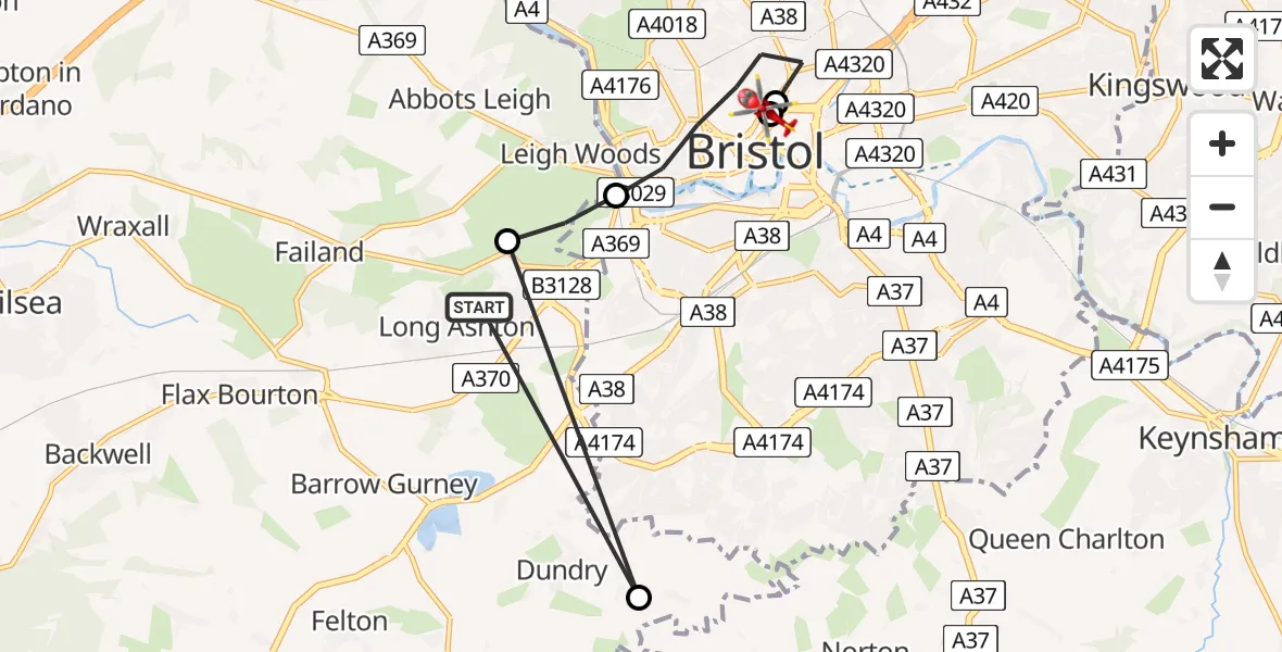Flight route Air Ambulance Helicopter Long Ashton - Bristol Royal Infirmary, 18 August 2026, 09:20