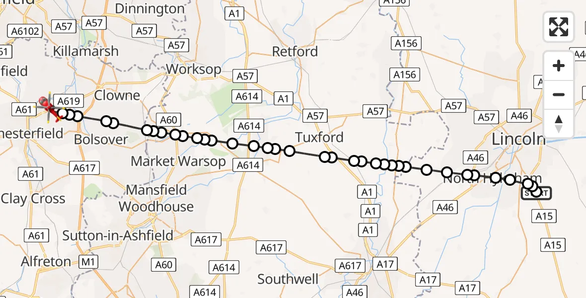 Flight route Air Ambulance Helicopter RAF Waddington - Chesterfield, 18 August 2026, 09:25