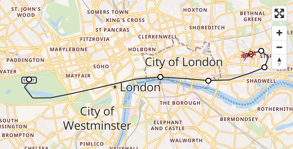 Flight route Air Ambulance Helicopter City of Westminster - Royal London Hospital, 18 August 2026, 09:32