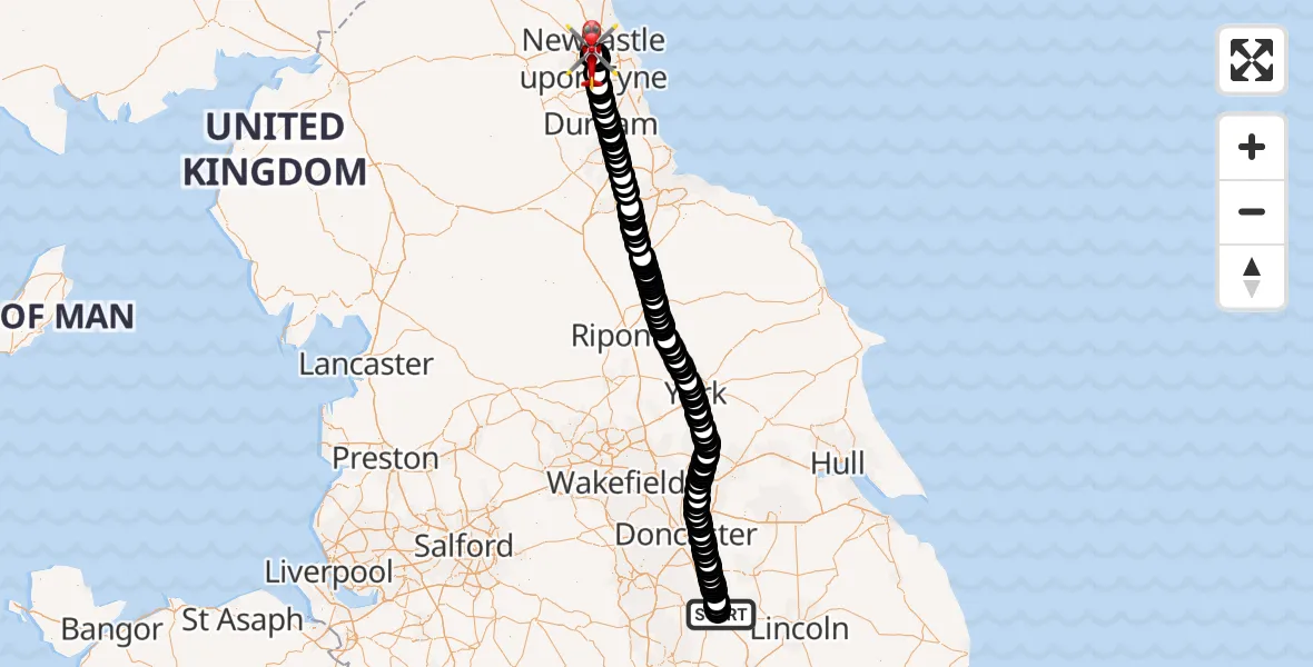 Flight route Air Ambulance Helicopter Retford Gamston Airport - Newcastle Royal Victoria Infirmary, 18 August 2026, 09:33