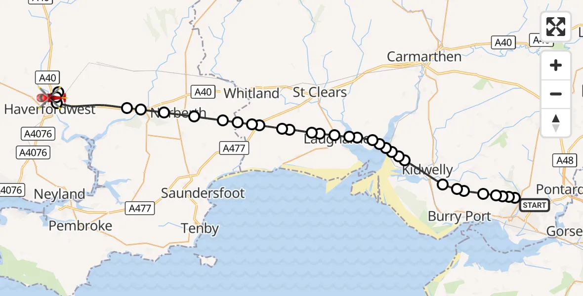 Flight route Air Ambulance Helicopter Dafen - Haverfordwest, 18 August 2026, 09:52