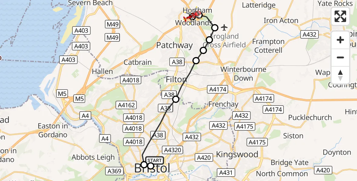 Flight route Air Ambulance Helicopter Bristol Royal Infirmary - Almondsbury Helicopter Base, 18 August 2026, 10:01