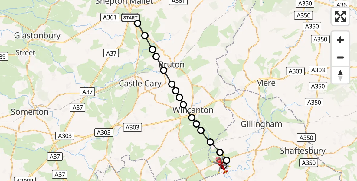 Flight route Air Ambulance Helicopter Shepton Mallet - Henstridge Airfield, 18 August 2026, 10:04