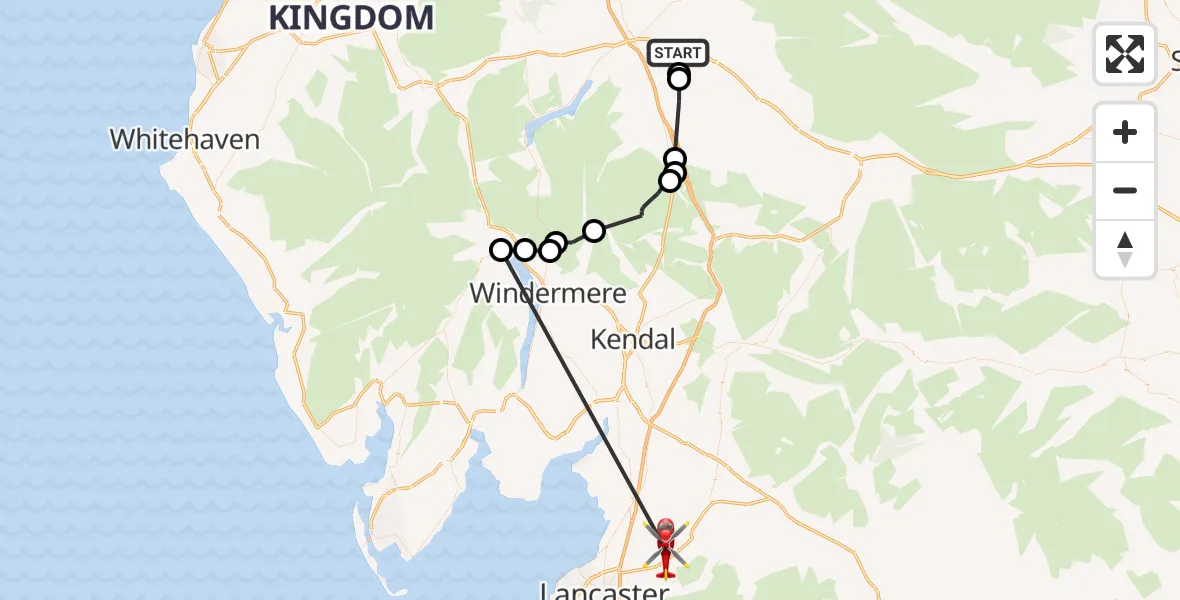 Flight route Air Ambulance Helicopter Brougham - Lancaster, 18 August 2026, 10:09