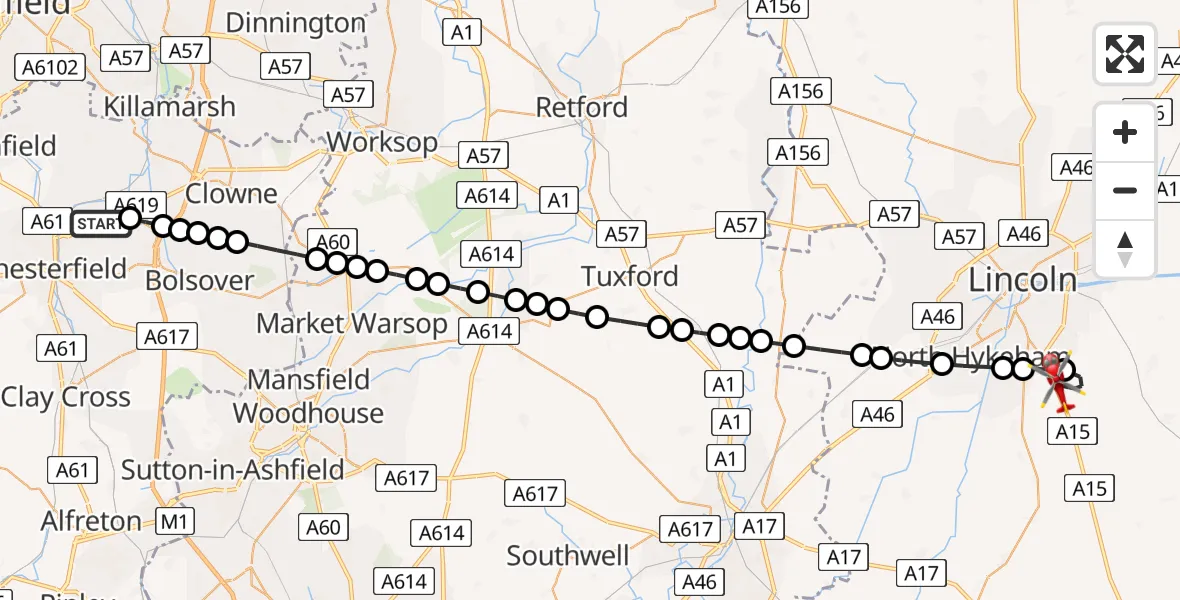 Flight route Air Ambulance Helicopter Chesterfield - North Kesteven, 18 August 2026, 10:22