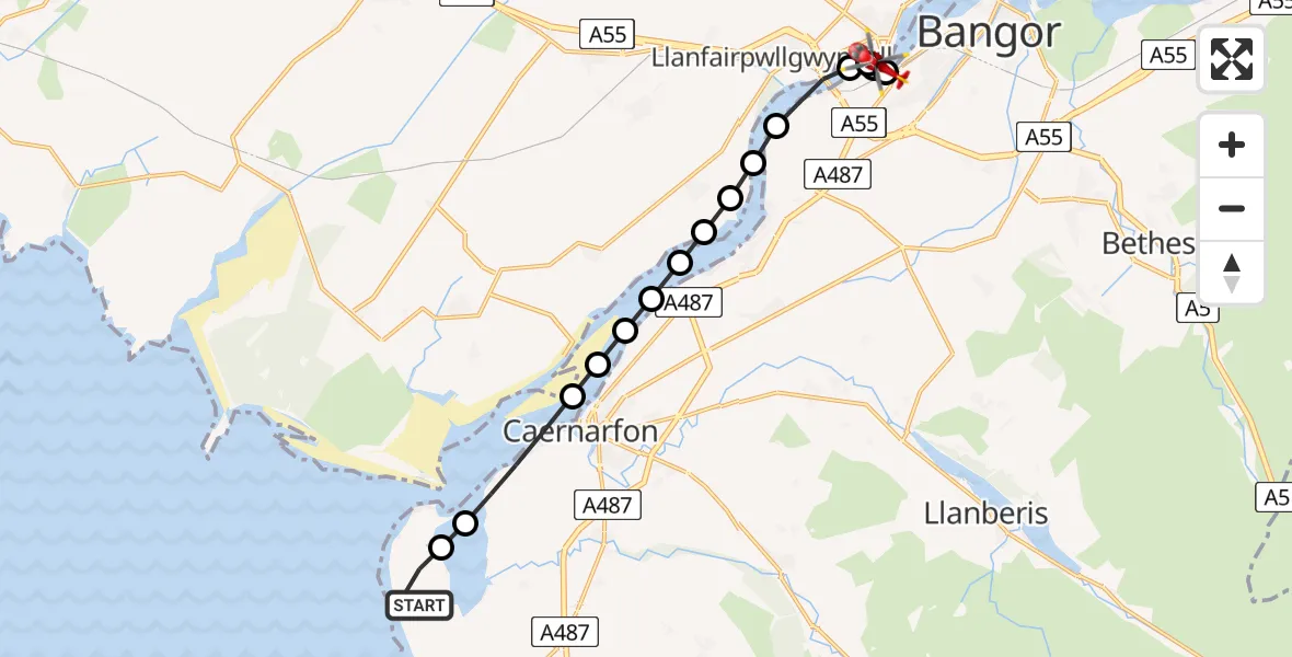 Flight route Air Ambulance Helicopter Caernarfon Airport - Bangor, 18 August 2026, 10:29