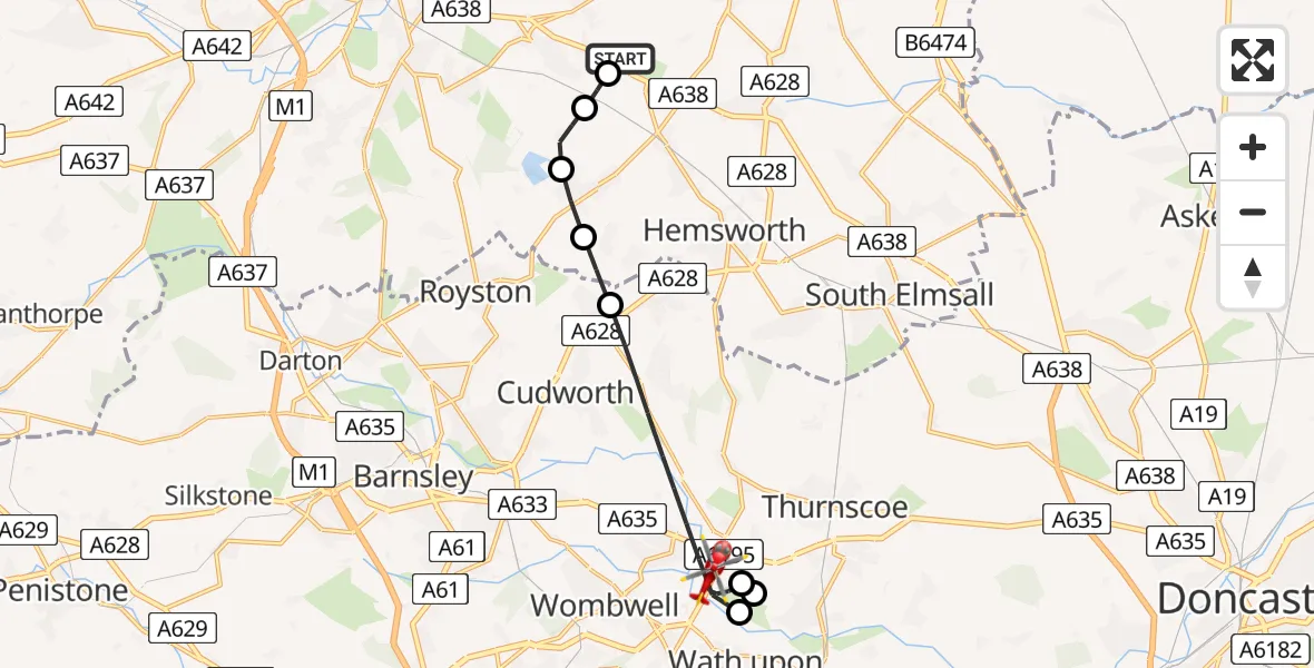 Flight route Air Ambulance Helicopter YAA Nostell Helicopter Port - Barnsley, 18 August 2026, 10:30