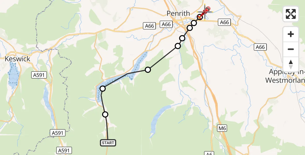 Flight route Air Ambulance Helicopter Patterdale - Langwathby, 18 August 2026, 10:32