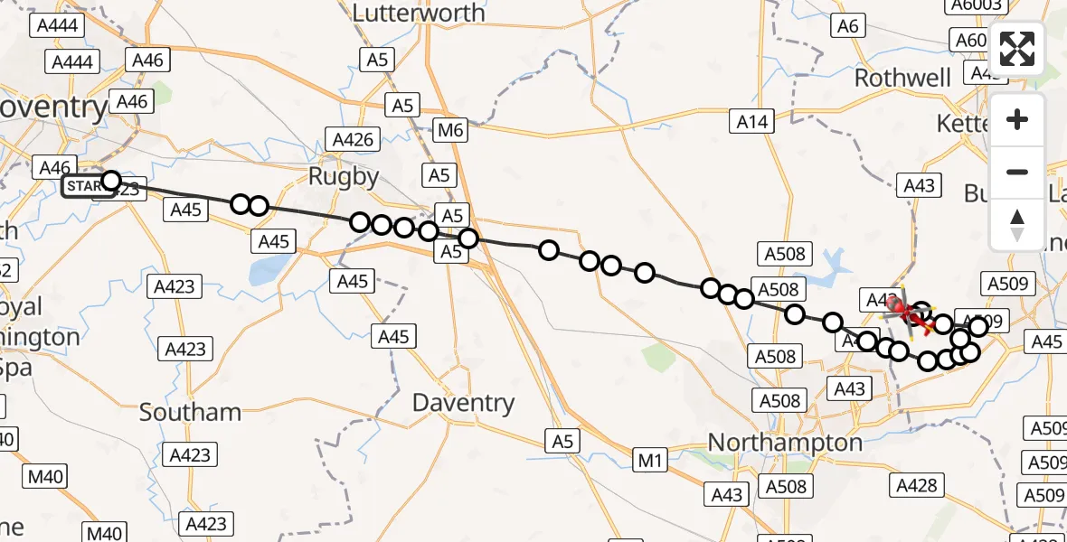 Flight route Air Ambulance Helicopter Coventry Airport - Sywell Aerodrome, 18 August 2026, 10:42