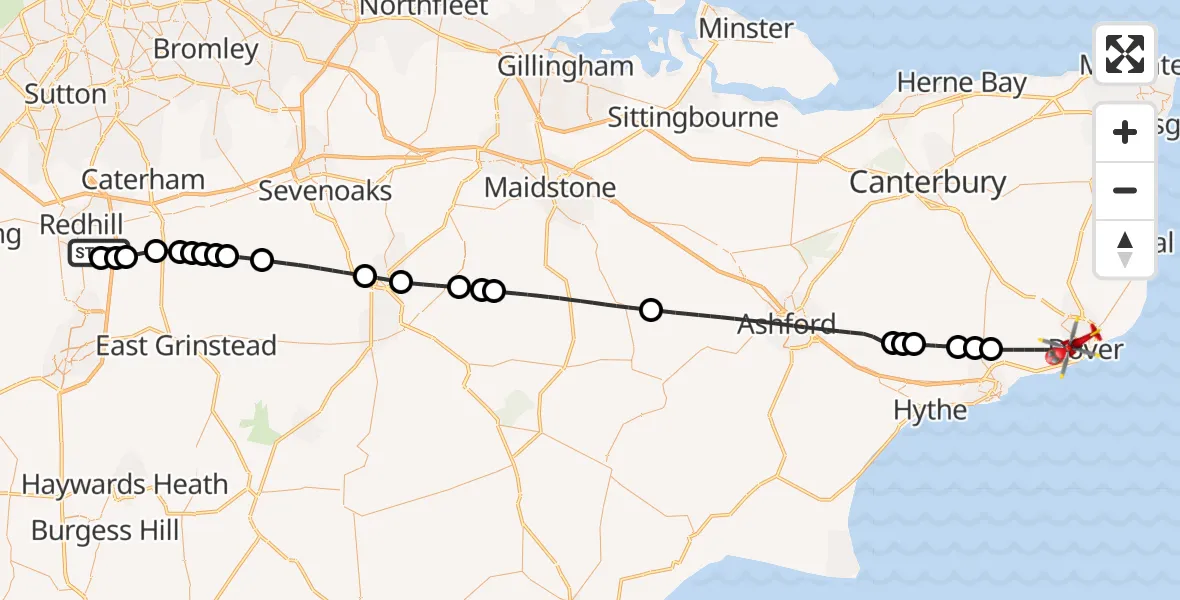 Flight route Air Ambulance Helicopter Redhill Aerodrome - Dover, 18 August 2026, 10:45