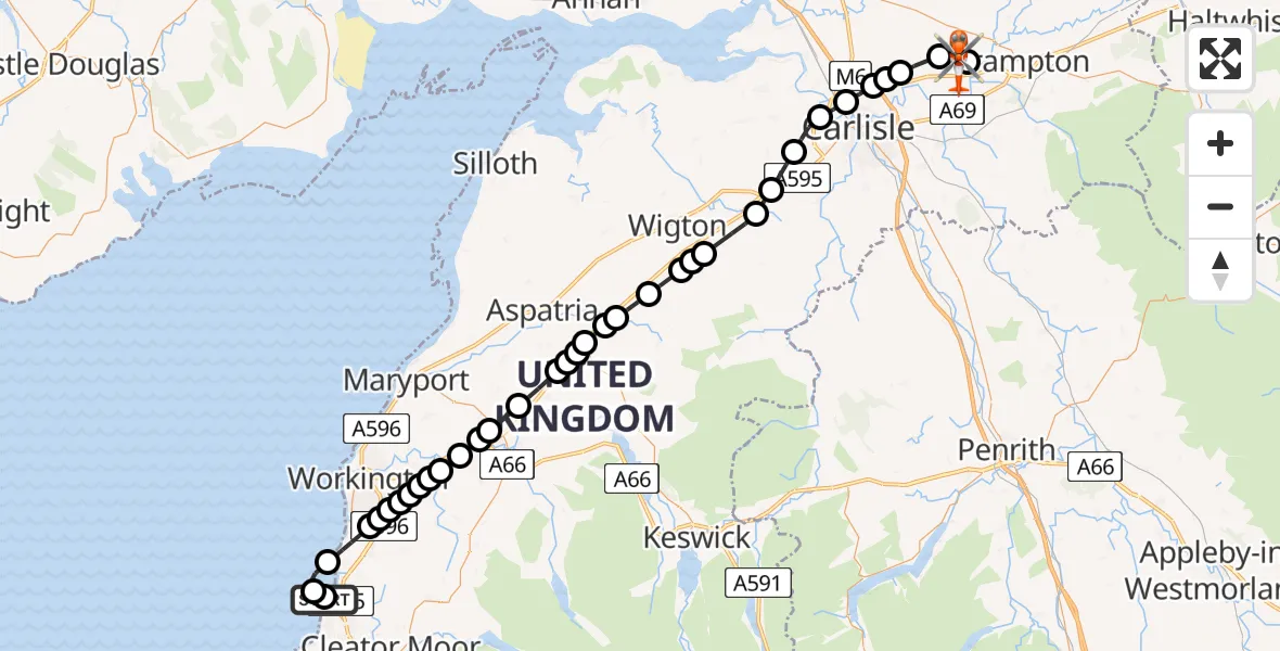 Flight route Coastguard Helicopter Whitehaven - Carlisle Lake District Airport, 18 August 2026, 10:48
