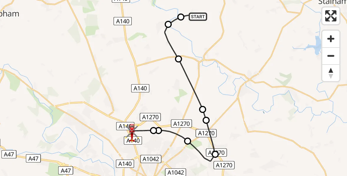 Flight route Air Ambulance Helicopter Badersfield - Norwich Airport, 18 August 2026, 10:50