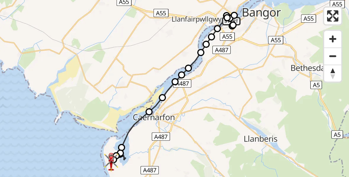 Flight route Air Ambulance Helicopter Menai Bridge - Caernarfon Airport, 18 August 2026, 10:51