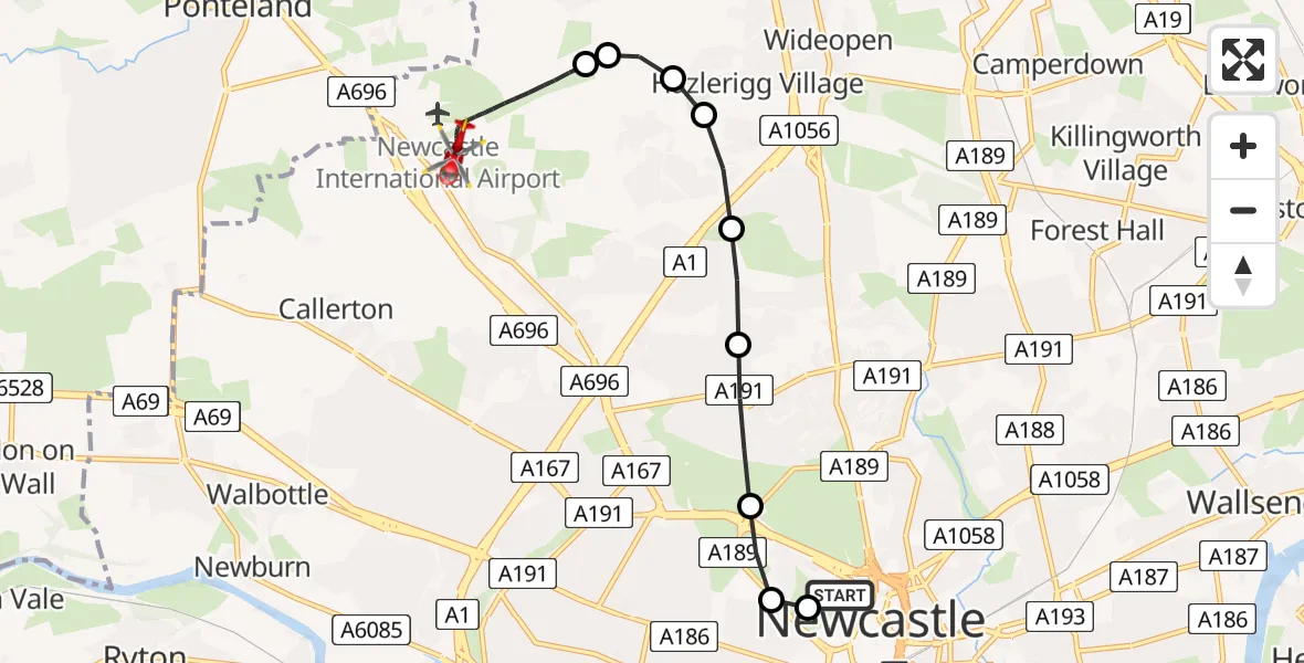 Flight route Air Ambulance Helicopter Newcastle Royal Victoria Infirmary - Newcastle International Airport, 18 August 2026, 10:52