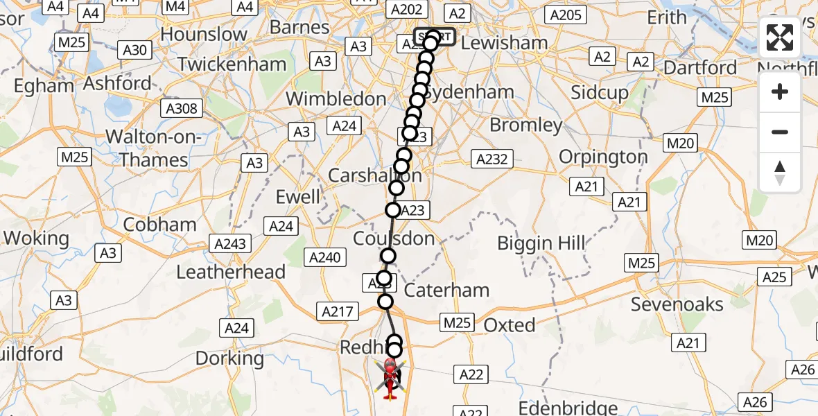 Flight route Air Ambulance Helicopter Kings College London Hospital - Redhill Aerodrome, 18 August 2026, 11:02