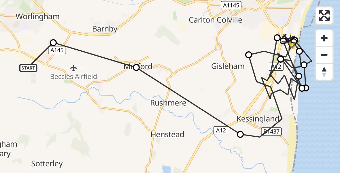 Flight route Police Helicopter East Suffolk - Lowestoft, 18 August 2026, 11:16