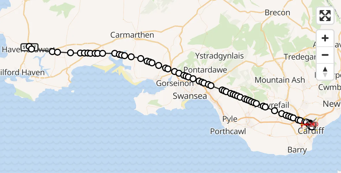 Flight route Air Ambulance Helicopter Withybush Hospital Heliport - Mynachdy, 18 August 2026, 11:16