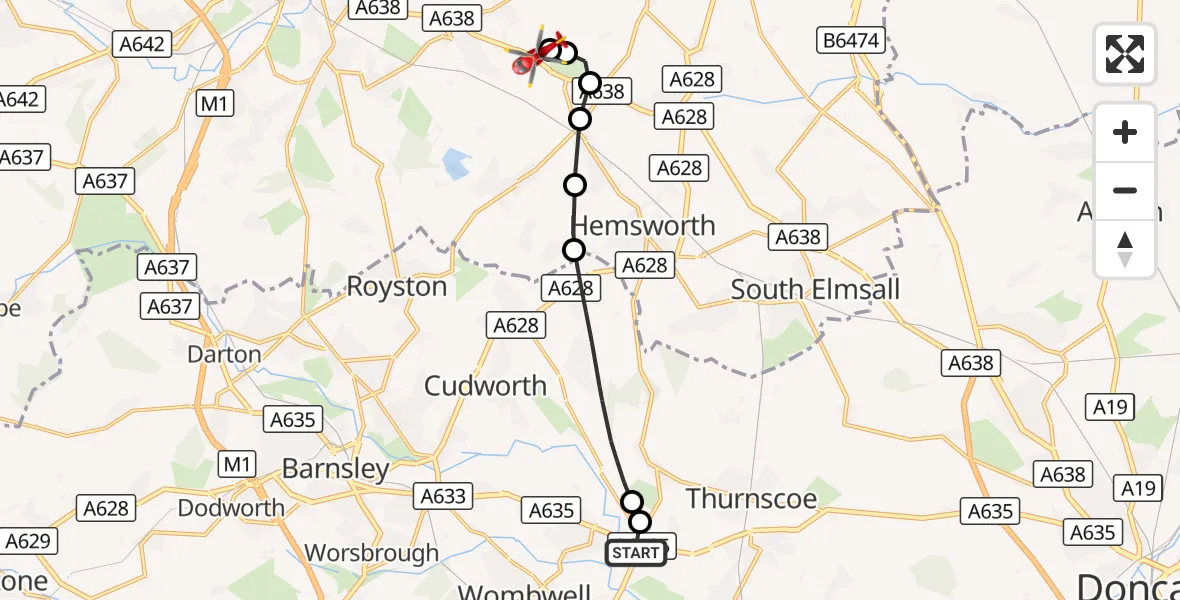 Flight route Air Ambulance Helicopter Barnsley - YAA Nostell Helicopter Port, 18 August 2026, 11:23