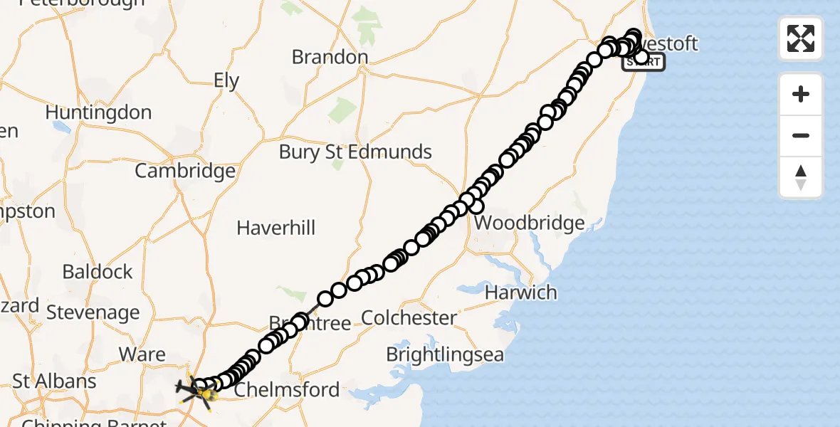 Flight route Police Helicopter Gisleham - North Weald Airfield, 18 August 2026, 11:29