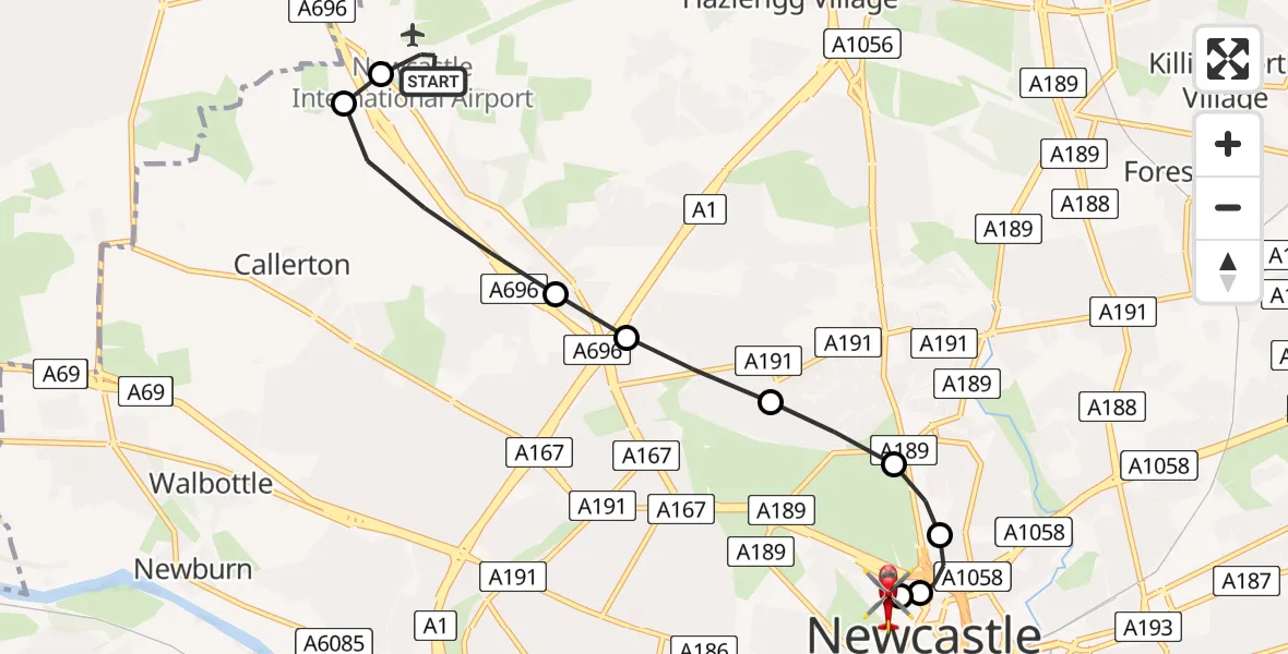 Flight route Air Ambulance Helicopter Newcastle International Airport - Newcastle Royal Victoria Infirmary, 18 August 2026, 11:32
