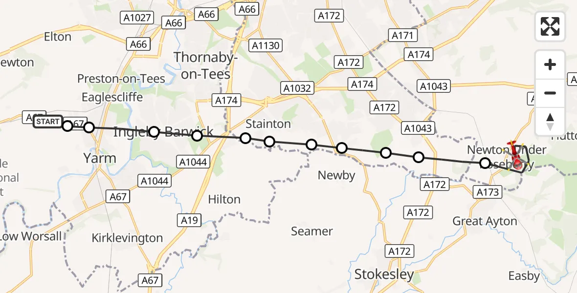 Flight route Air Ambulance Helicopter Aislaby - Guisborough, 18 August 2026, 11:33