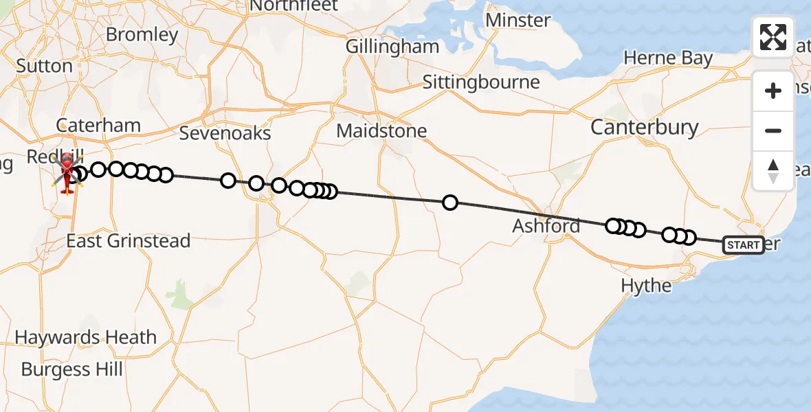 Flight route Air Ambulance Helicopter Dover - Redhill Aerodrome, 18 August 2026, 11:38