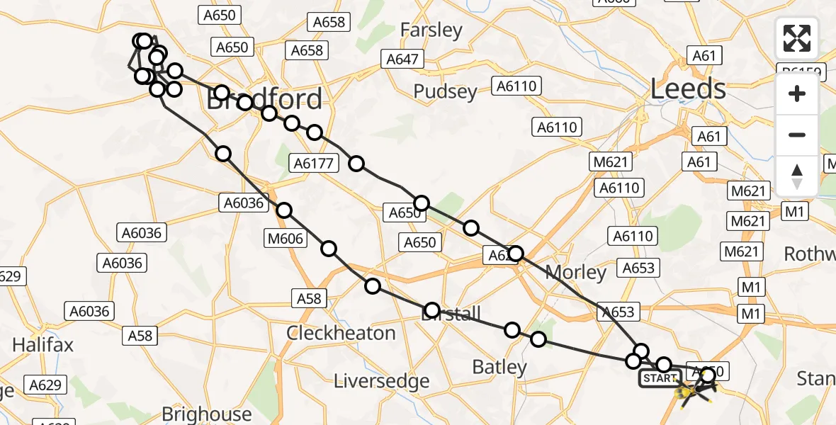 Flight route Police Helicopter East Ardsley - Wrenthorpe, 18 August 2026, 11:43