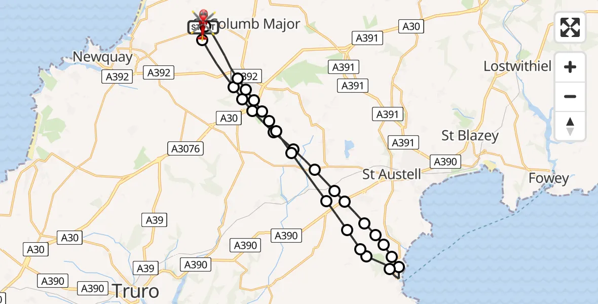 Flight route Air Ambulance Helicopter Cornwall Airport Newquay - Cornwall Airport Newquay, 18 August 2026, 12:00