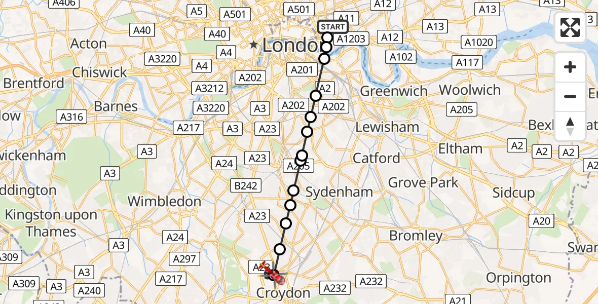 Flight route Air Ambulance Helicopter Royal London Hospital - Broad Green, 18 August 2026, 12:15
