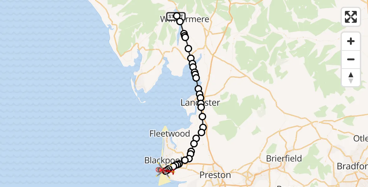 Flight route Air Ambulance Helicopter Claife - Blackpool Airport, 18 August 2026, 12:14