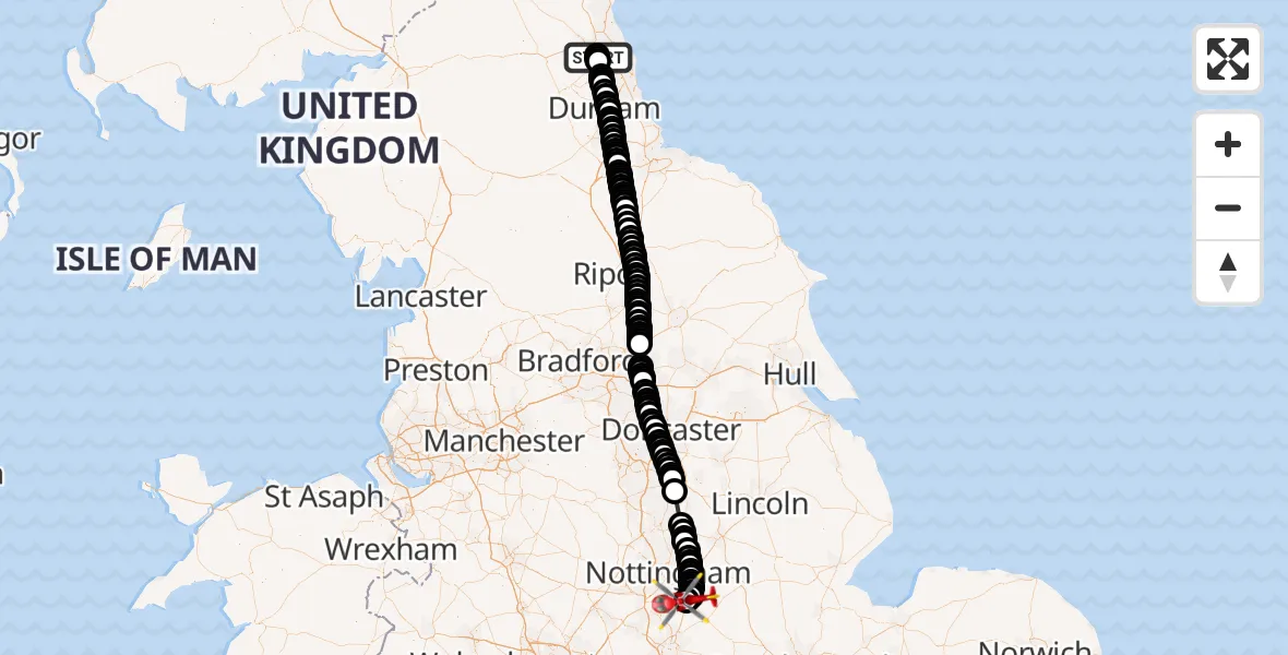Flight route Air Ambulance Helicopter Newcastle Royal Victoria Infirmary - Nottingham Heliport, 18 August 2026, 12:16