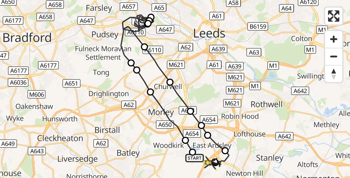 Flight route Police Helicopter East Ardsley - Wrenthorpe, 18 August 2026, 12:27