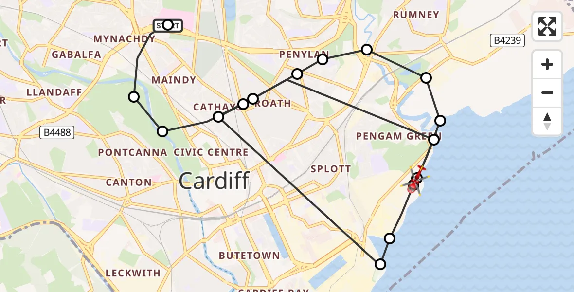 Flight route Air Ambulance Helicopter Birchgrove - Pengam Green, 18 August 2026, 12:34