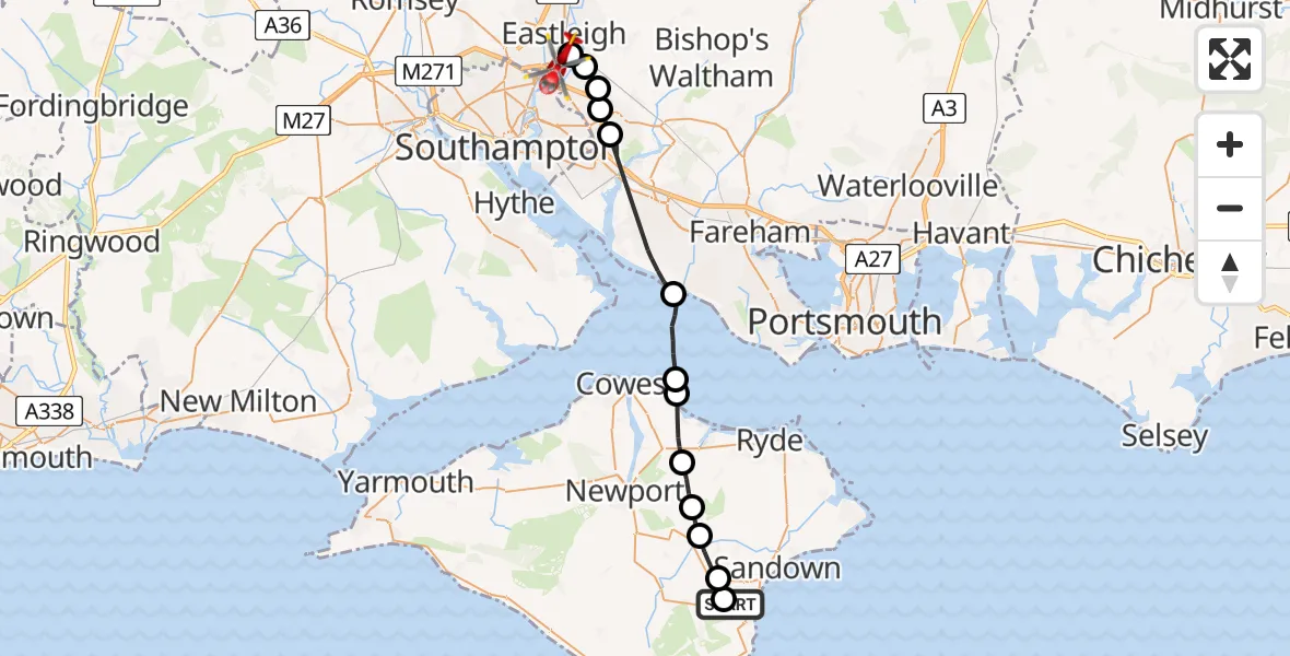 Flight route Air Ambulance Helicopter Shanklin - Southampton Airport, 18 August 2026, 12:42