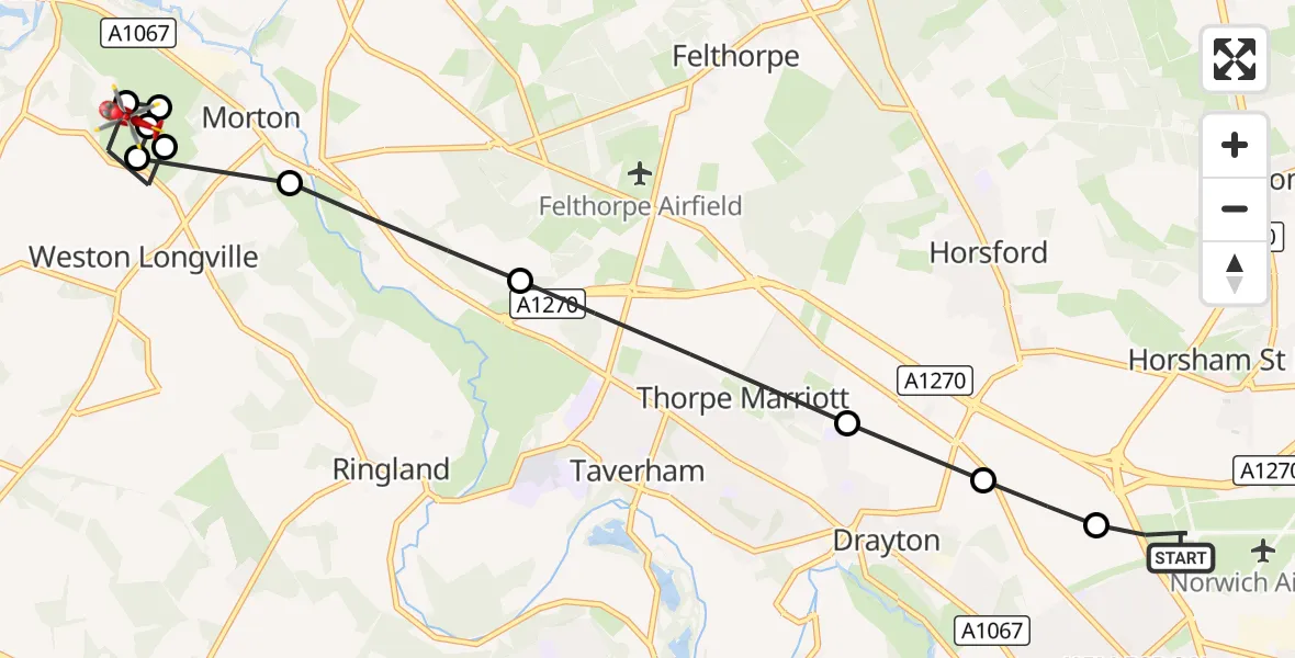 Flight route Air Ambulance Helicopter Norwich Airport - Weston Longville, 18 August 2026, 12:59