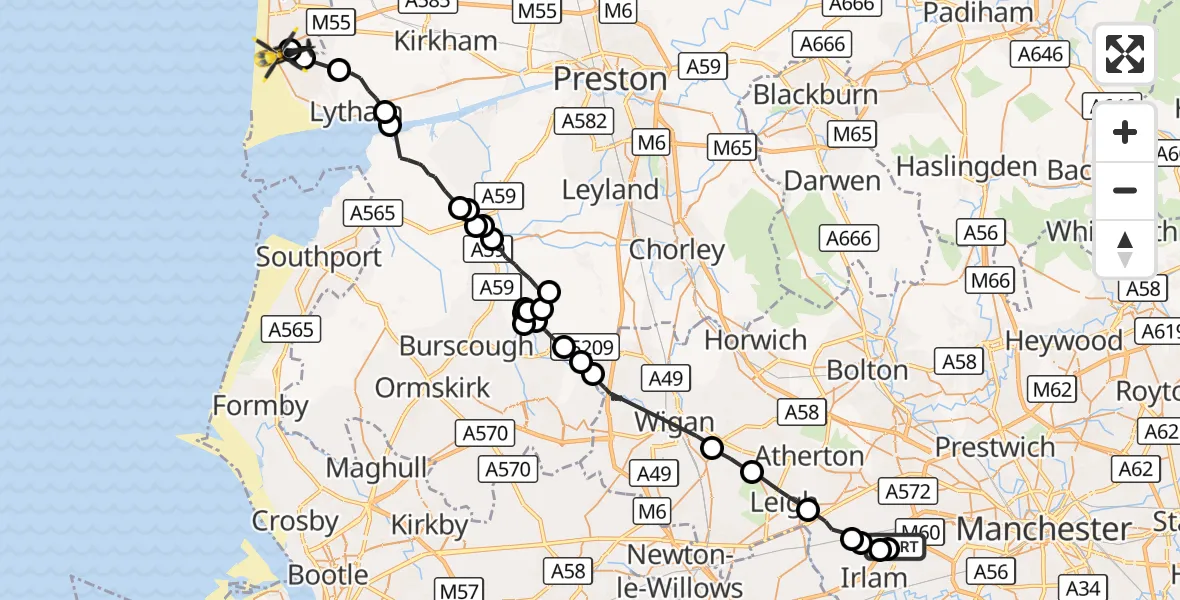 Flight route Police Helicopter Manchester Barton Aerodrome - Blackpool Airport, 18 August 2026, 13:00