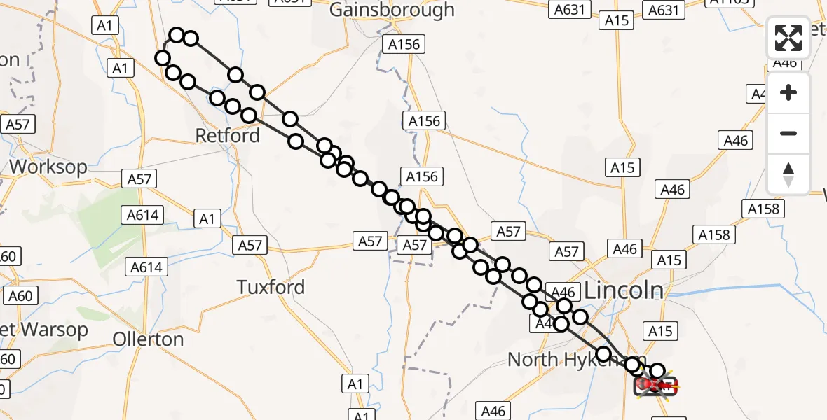 Flight route Air Ambulance Helicopter RAF Waddington - North Kesteven, 18 August 2026, 13:09