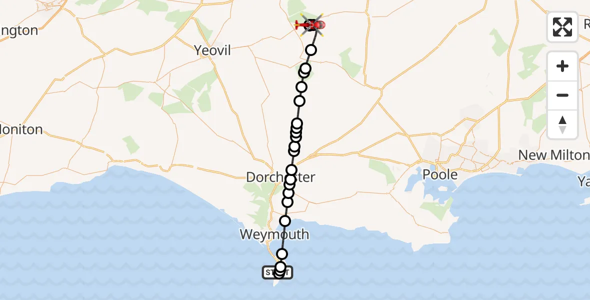 Flight route Air Ambulance Helicopter Weston - Henstridge Airfield, 18 August 2026, 13:11