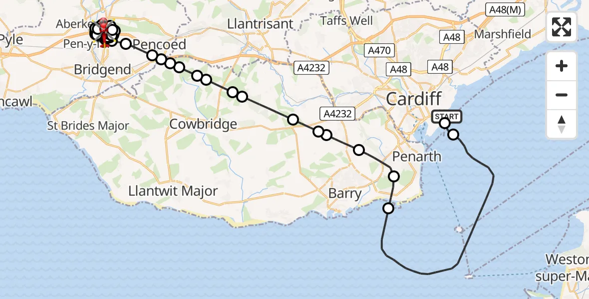 Flight route Air Ambulance Helicopter Cardiff Heliport - Bridgend, 18 August 2026, 13:14