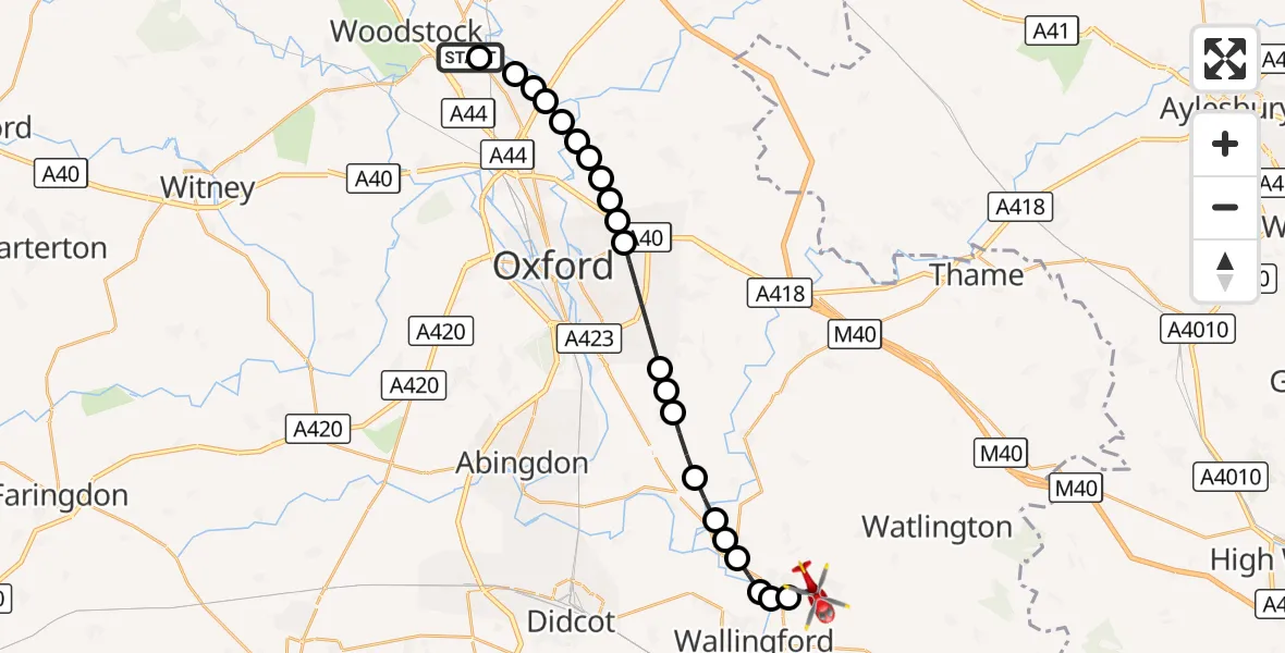 Flight route Air Ambulance Helicopter London Oxford Airport - RAF Benson, 18 August 2026, 13:14