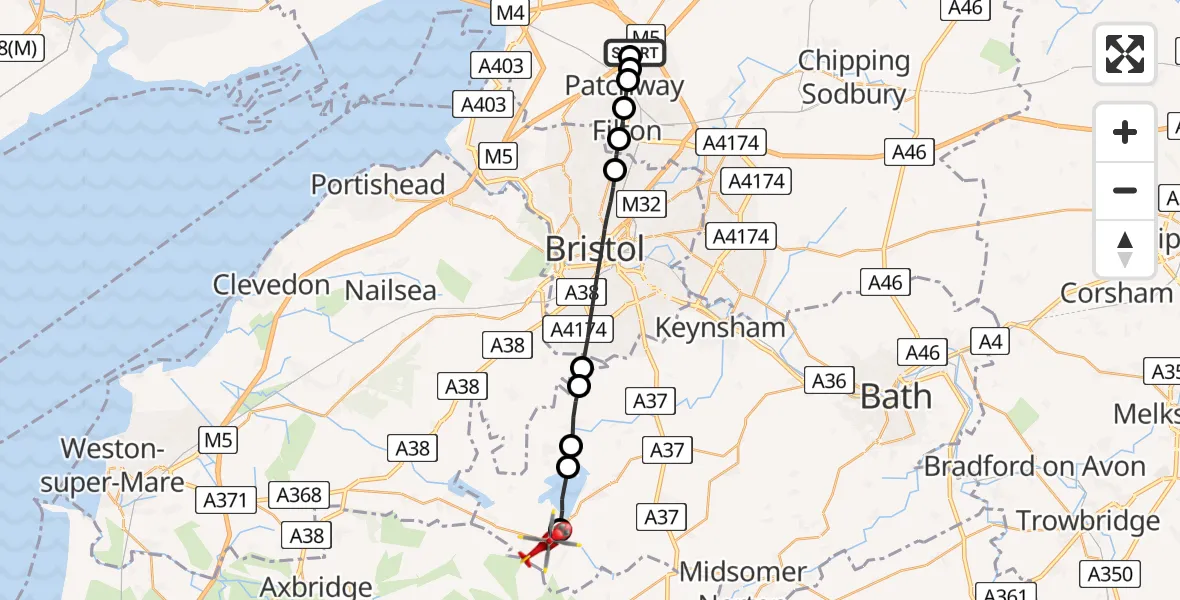 Flight route Air Ambulance Helicopter Almondsbury Helicopter Base - West Harptree, 18 August 2026, 13:21