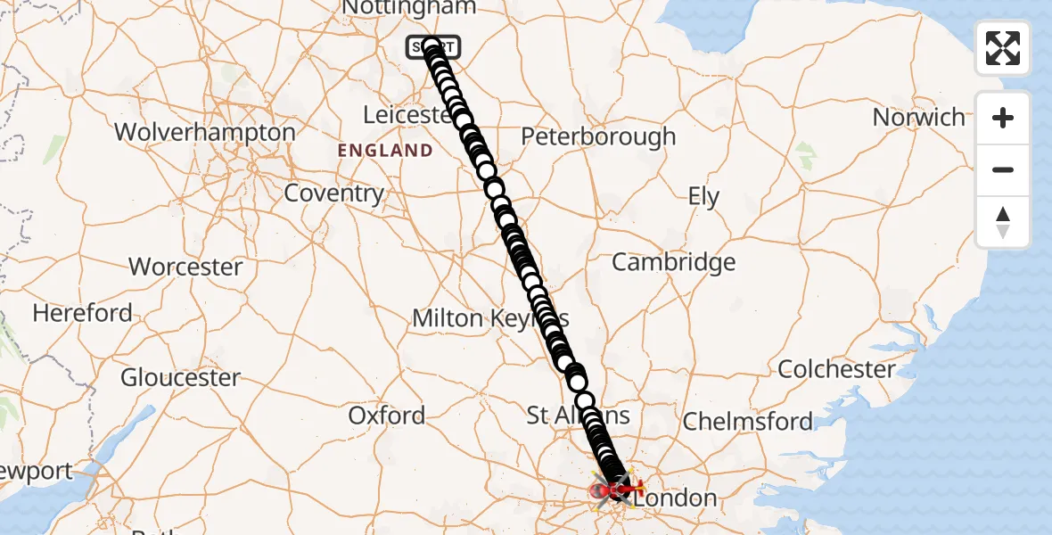 Flight route Air Ambulance Helicopter Nottingham Heliport - Chalk Farm, 18 August 2026, 13:30