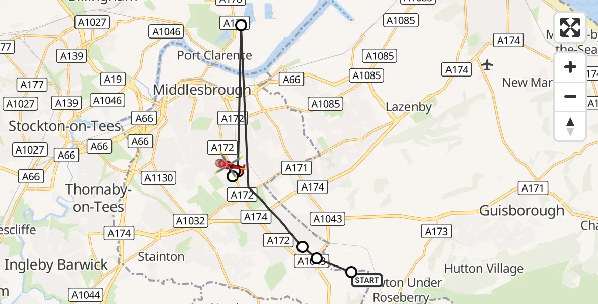 Flight route Air Ambulance Helicopter Nunthorpe - James Cook University Hospital, 18 August 2026, 13:30