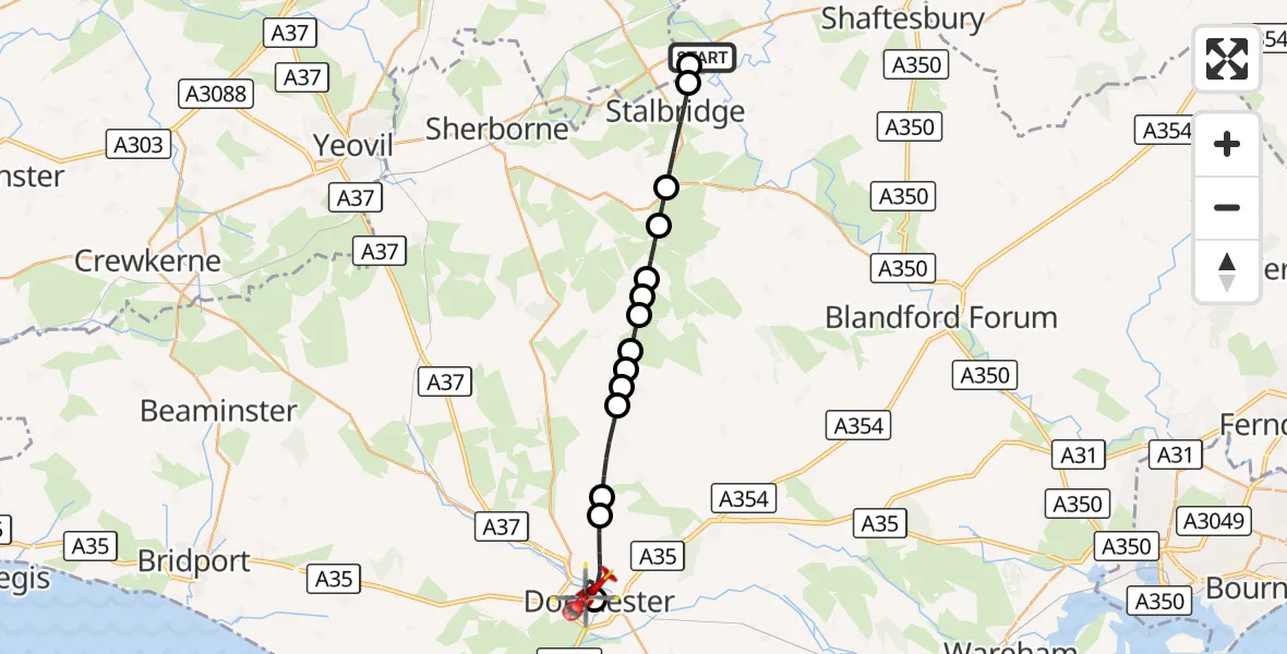Flight route Air Ambulance Helicopter Henstridge Airfield - Dorchester, 18 August 2026, 13:49