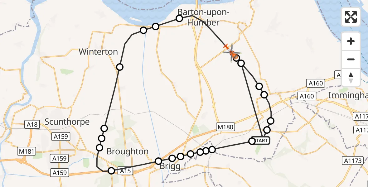 Flight route Coastguard Helicopter Humberside Airport - Thornton Curtis, 18 August 2026, 13:55