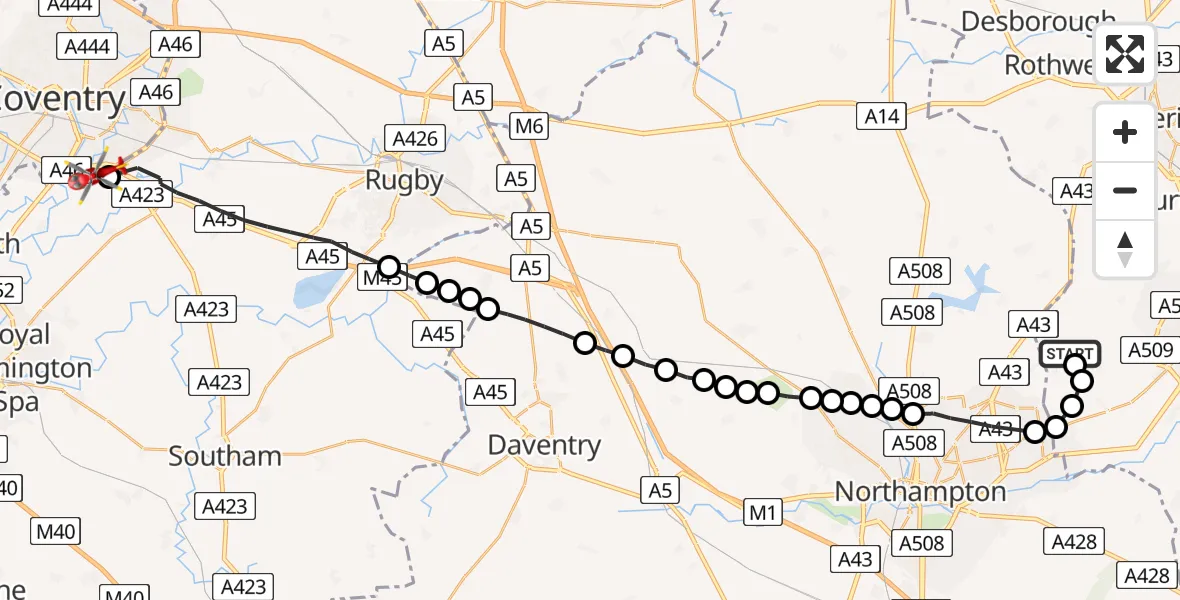 Flight route Air Ambulance Helicopter Sywell Aerodrome - Tollbar End, 18 August 2026, 13:56